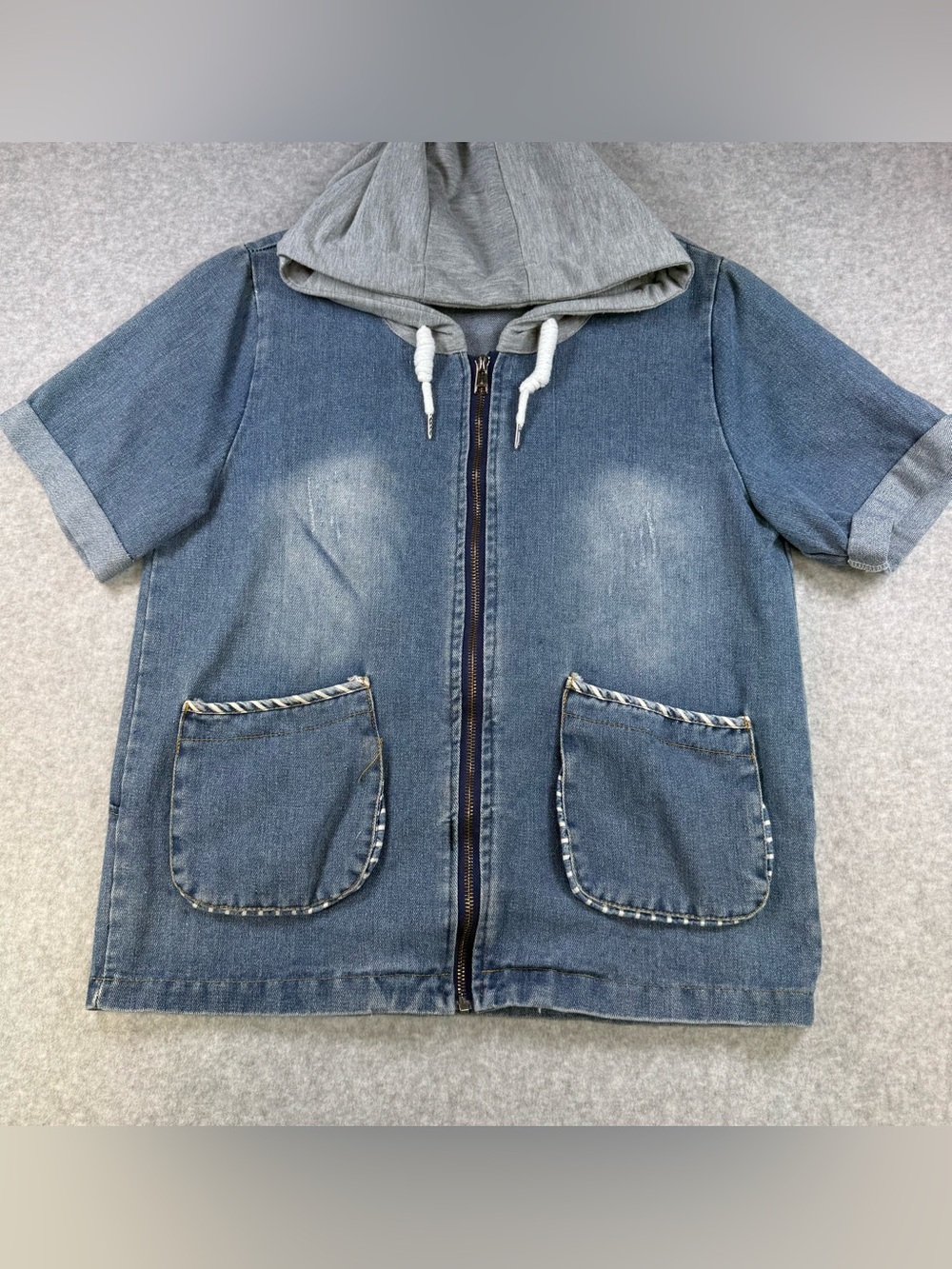 XINYALI Denim Hoodie Jacket Women’s S/M short sleeve full zip grey hood